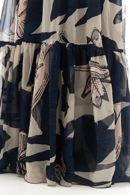 Koai_Blue Chiffon Embroidery Polo Collar Florette Print Dress _Online_at_Aza_Fashions