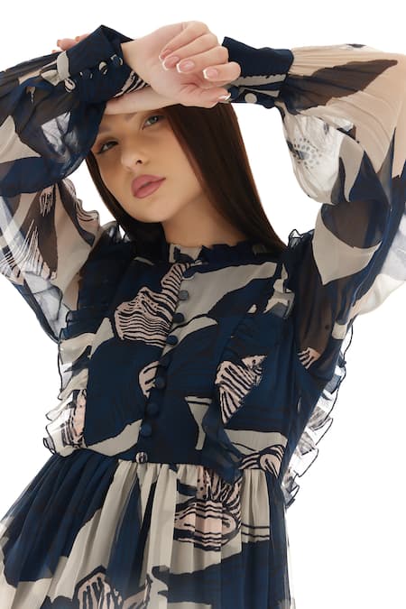 Buy_Koai_Blue Chiffon Embroidery Polo Collar Florette Print Dress _Online_at_Aza_Fashions