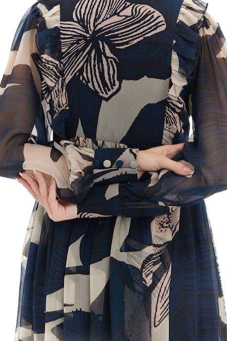 Shop_Koai_Blue Chiffon Embroidery Polo Collar Florette Print Dress _Online_at_Aza_Fashions