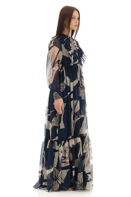 Buy_Koai_Blue Chiffon Embroidery Polo Collar Florette Print Dress 