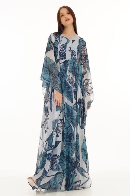 Koai_Blue Chiffon Split V-neck Leaf Print Kaftan _Online_at_Aza_Fashions