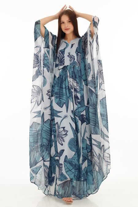 Buy_Koai_Blue Chiffon Split V-neck Leaf Print Kaftan _Online_at_Aza_Fashions