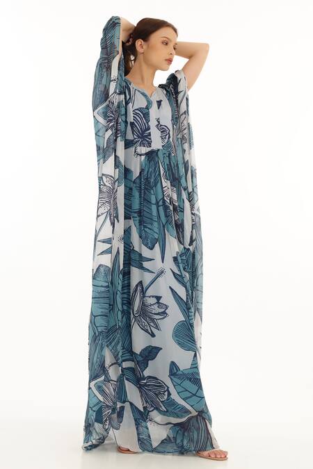 Shop_Koai_Blue Chiffon Split V-neck Leaf Print Kaftan _Online_at_Aza_Fashions