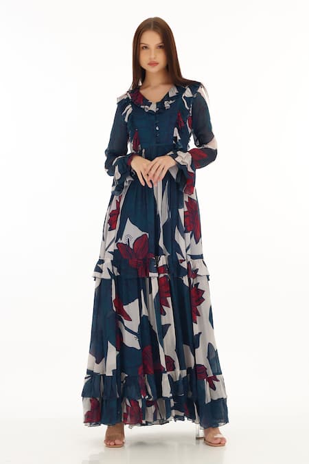 Koai Blue Chiffon V-neck Floral Print Tiered Maxi Dress 