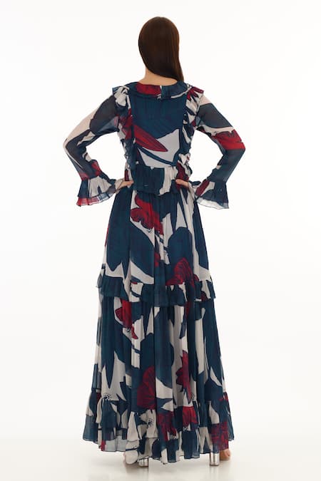 Shop Koai Blue Chiffon V-neck Floral Print Tiered Maxi Dress at Aza Fashions Shop_Koai_Blue Chiffon V-neck Floral Print Tiered Maxi Dress _at_Aza_Fashions