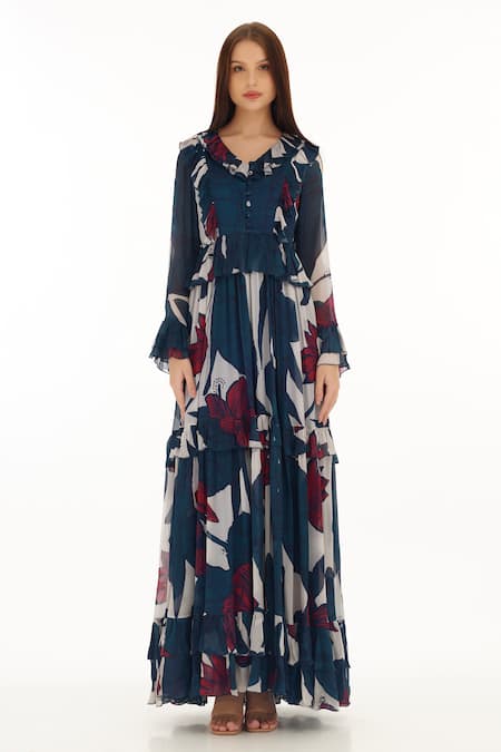 Koai Blue Chiffon V-neck Floral Print Tiered Maxi Dress Online at Aza Fashions Koai_Blue Chiffon V-neck Floral Print Tiered Maxi Dress _Online_at_Aza_Fashions