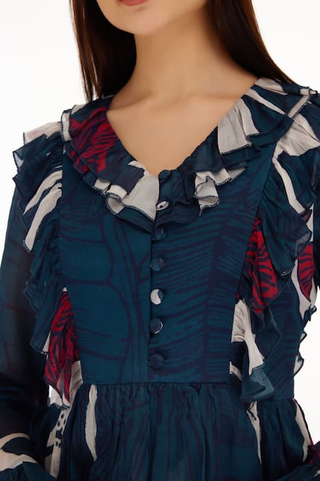 Shop Koai Blue Chiffon V-neck Floral Print Tiered Maxi Dress Online at Aza Fashions Shop_Koai_Blue Chiffon V-neck Floral Print Tiered Maxi Dress _Online_at_Aza_Fashions