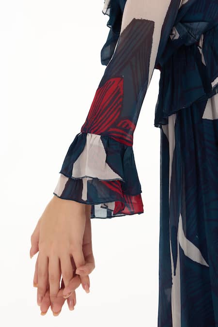 Koai Blue Chiffon V-neck Floral Print Tiered Maxi Dress at Aza Fashions Koai_Blue Chiffon V-neck Floral Print Tiered Maxi Dress _at_Aza_Fashions