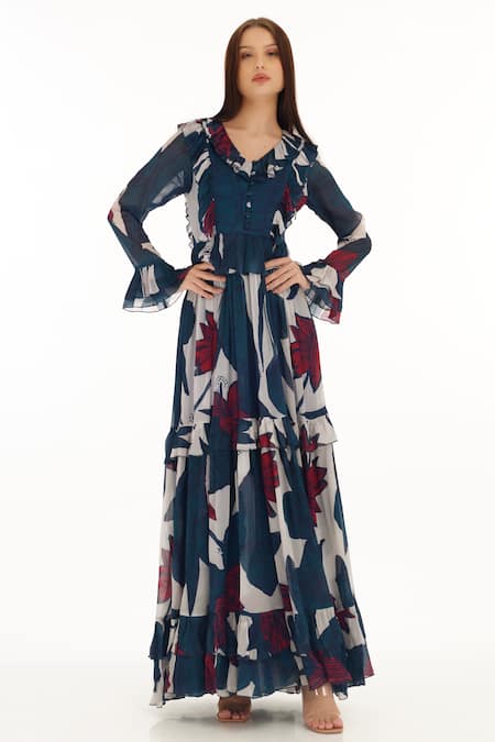 Buy Koai Blue Chiffon V-neck Floral Print Tiered Maxi Dress Buy_Koai_Blue Chiffon V-neck Floral Print Tiered Maxi Dress