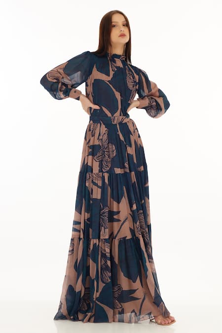 Koai_Orange Chiffon Embroidery Round Neck Floral Print Pleated Top _Online_at_Aza_Fashions