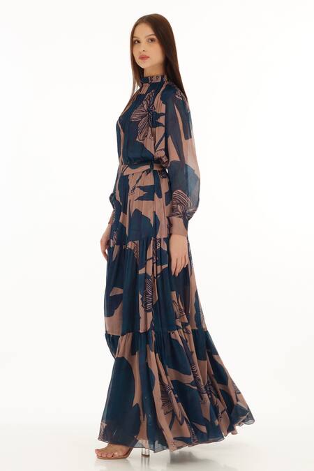 Buy_Koai_Orange Chiffon Embroidery Round Neck Floral Print Pleated Top _Online_at_Aza_Fashions