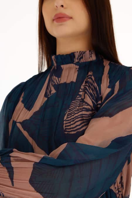 Shop_Koai_Orange Chiffon Embroidery Round Neck Floral Print Pleated Top _Online_at_Aza_Fashions