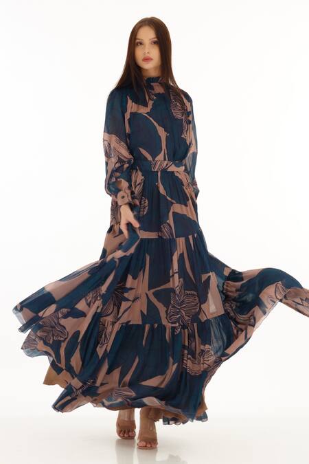 Koai_Orange Chiffon Floral Print Pleated Skirt _Online_at_Aza_Fashions