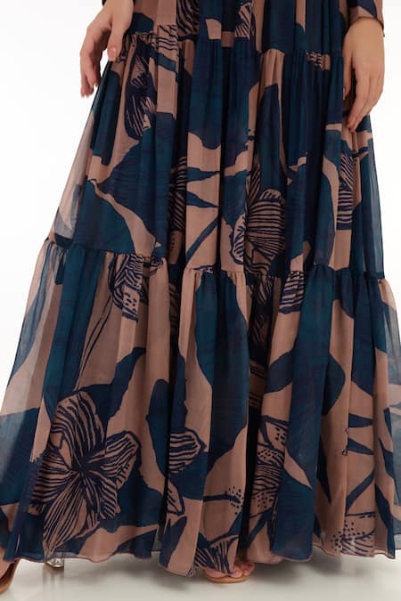 Shop_Koai_Orange Chiffon Floral Print Pleated Skirt _Online_at_Aza_Fashions