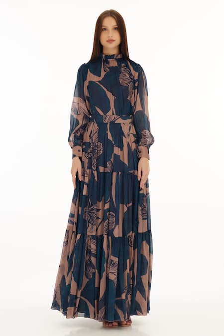 Koai_Orange Chiffon Floral Print Pleated Skirt _at_Aza_Fashions