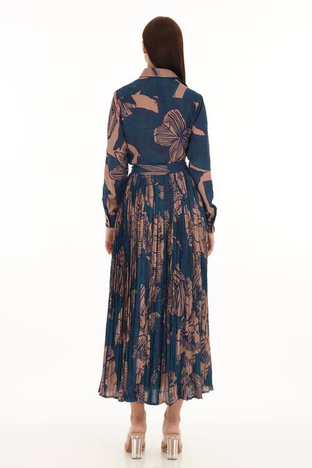 Shop_Koai_Orange Muslin, Cotton, Silk Botanical Print Pleated Skirt _at_Aza_Fashions