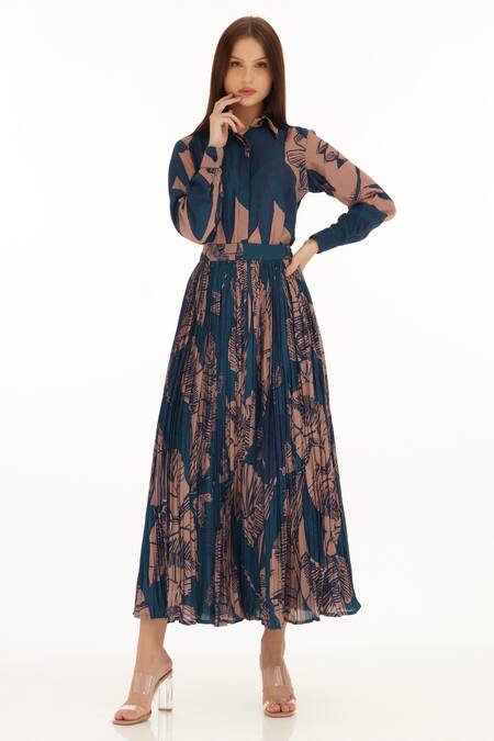 Koai_Orange Muslin, Cotton, Silk Botanical Print Pleated Skirt _Online_at_Aza_Fashions
