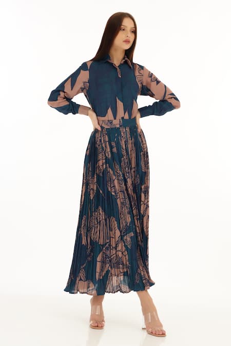 Buy_Koai_Orange Muslin, Cotton, Silk Botanical Print Pleated Skirt _Online_at_Aza_Fashions