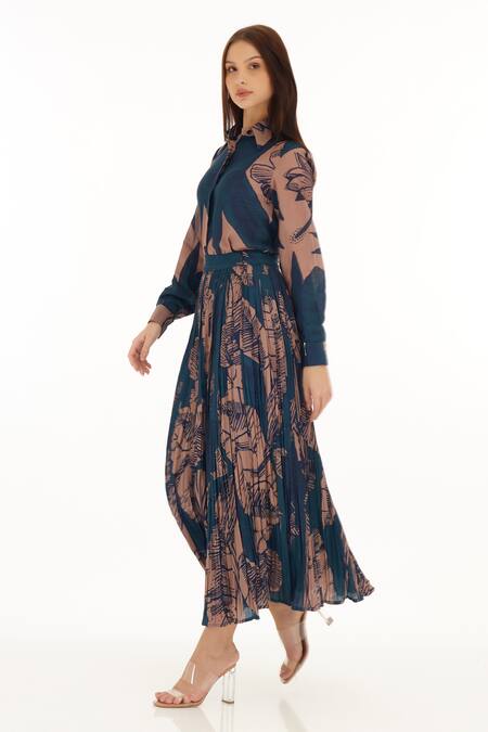 Shop_Koai_Orange Muslin, Cotton, Silk Botanical Print Pleated Skirt _Online_at_Aza_Fashions