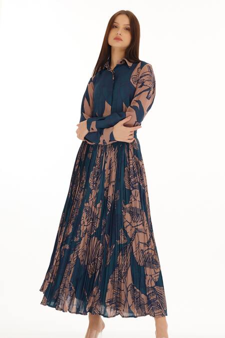 Koai_Orange Muslin, Cotton, Silk Botanical Print Pleated Skirt _at_Aza_Fashions