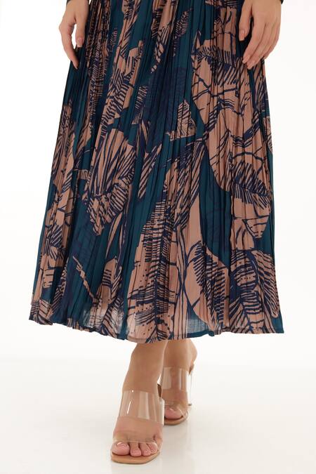Buy_Koai_Orange Muslin, Cotton, Silk Botanical Print Pleated Skirt 