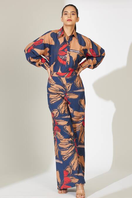 Buy_Koai_Orange Poplin, Cotton Collared Garden Print Shirt _Online_at_Aza_Fashions