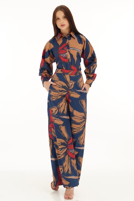 Koai_Orange Poplin, Cotton Collared Garden Print Shirt _at_Aza_Fashions