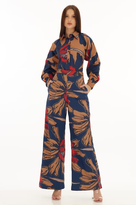 Shop Koai Orange Cotton, Poplin Florette Print Pant For Kids Online at Aza Fashions Shop_Koai_Orange Cotton, Poplin Florette Print Pant For Kids_Online_at_Aza_Fashions
