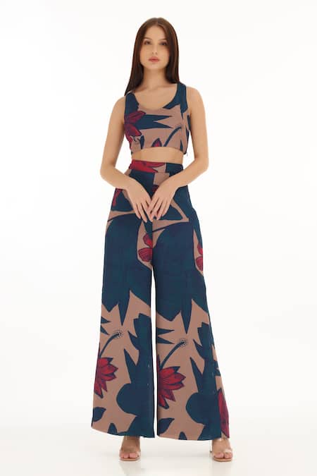 Koai_Blue Muslin, Cotton, Silk Floral Pattern Pant For Kids_Online_at_Aza_Fashions