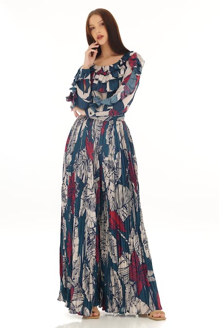 Koai_White Muslin, Cotton, Silk Crinkle Floral Pattern Pant _Online_at_Aza_Fashions