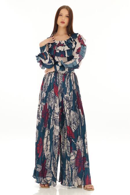 Buy_Koai_White Muslin, Cotton, Silk Crinkle Floral Pattern Pant _Online_at_Aza_Fashions