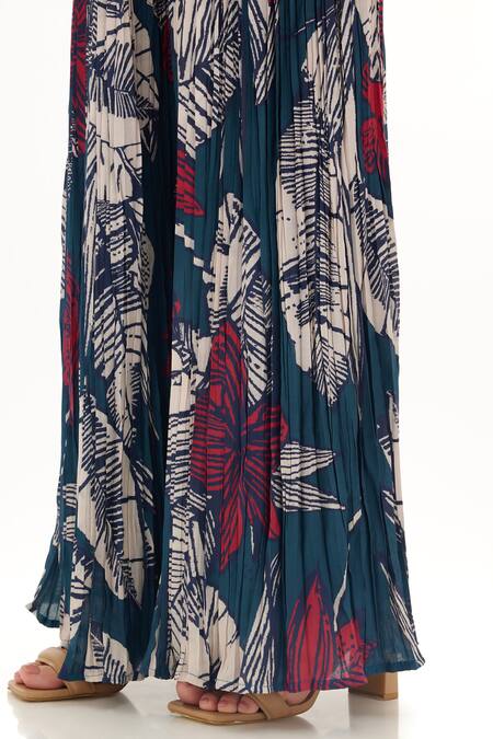 Koai_White Muslin, Cotton, Silk Crinkle Floral Pattern Pant _at_Aza_Fashions