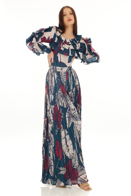 Buy_Koai_White Muslin, Cotton, Silk Crinkle Floral Pattern Pant 