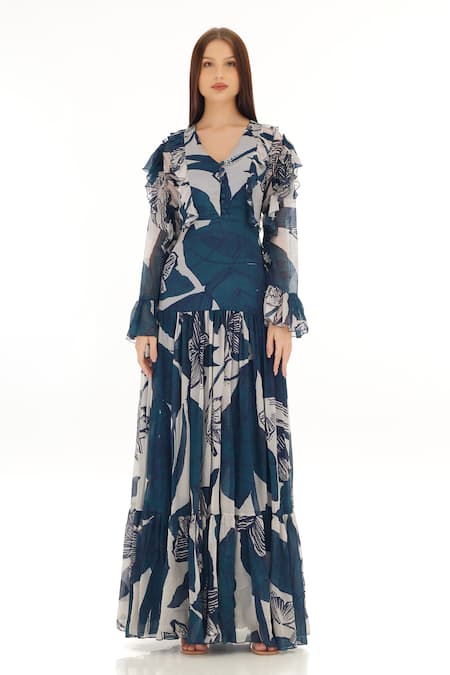 Koai Blue Chiffon Embroidery V-neck Tiered Floral Pattern Dress Online at Aza Fashions Koai_Blue Chiffon Embroidery V-neck Tiered Floral Pattern Dress _Online_at_Aza_Fashions