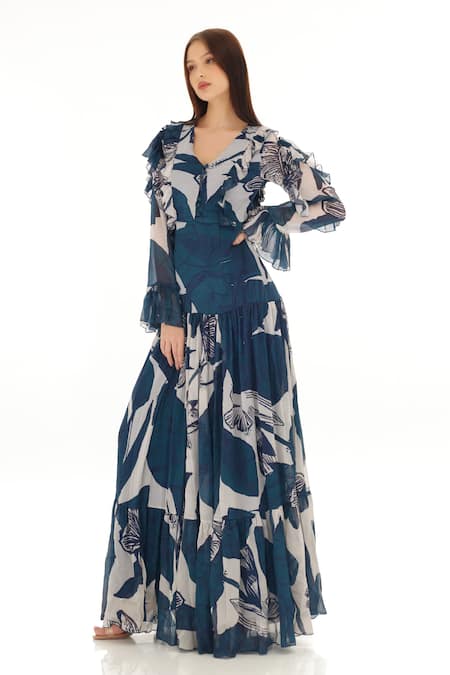 Buy Koai Blue Chiffon Embroidery V-neck Tiered Floral Pattern Dress Online at Aza Fashions Buy_Koai_Blue Chiffon Embroidery V-neck Tiered Floral Pattern Dress _Online_at_Aza_Fashions