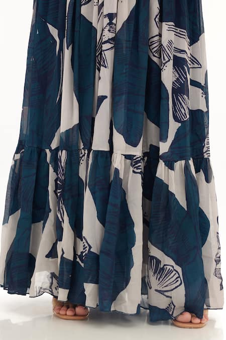 Shop Koai Blue Chiffon Embroidery V-neck Tiered Floral Pattern Dress Online at Aza Fashions Shop_Koai_Blue Chiffon Embroidery V-neck Tiered Floral Pattern Dress _Online_at_Aza_Fashions