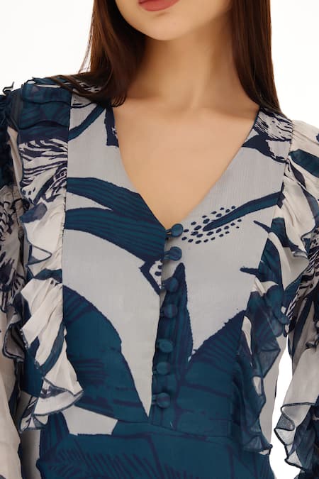 Koai Blue Chiffon Embroidery V-neck Tiered Floral Pattern Dress at Aza Fashions Koai_Blue Chiffon Embroidery V-neck Tiered Floral Pattern Dress _at_Aza_Fashions
