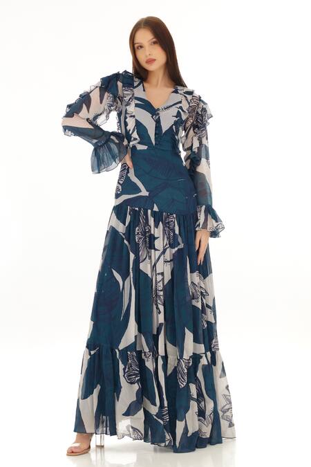 Buy Koai Blue Chiffon Embroidery V-neck Tiered Floral Pattern Dress Buy_Koai_Blue Chiffon Embroidery V-neck Tiered Floral Pattern Dress