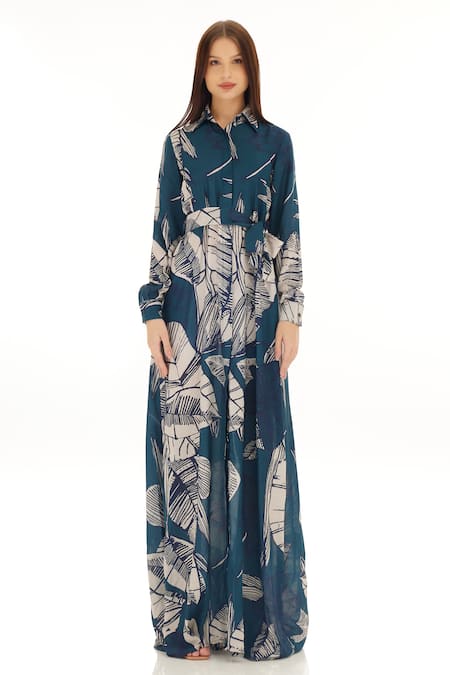 Koai_Blue Muslin, Cotton, Silk Shawl Neck Floral Pattern Shirt Dress _Online_at_Aza_Fashions