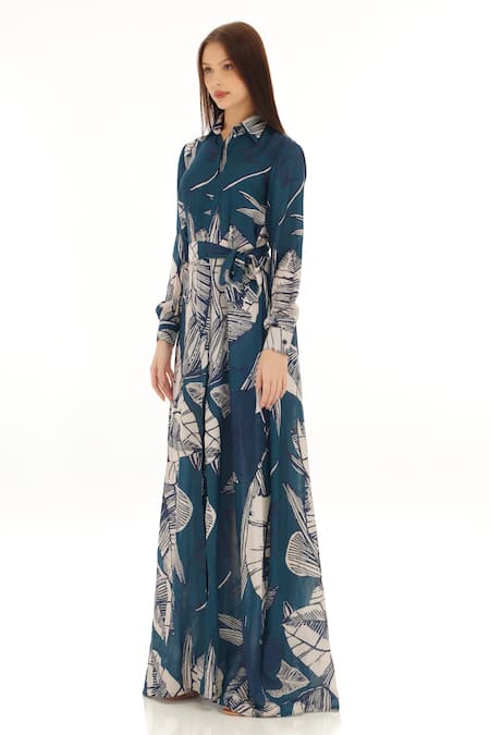 Buy_Koai_Blue Muslin, Cotton, Silk Shawl Neck Floral Pattern Shirt Dress _Online_at_Aza_Fashions