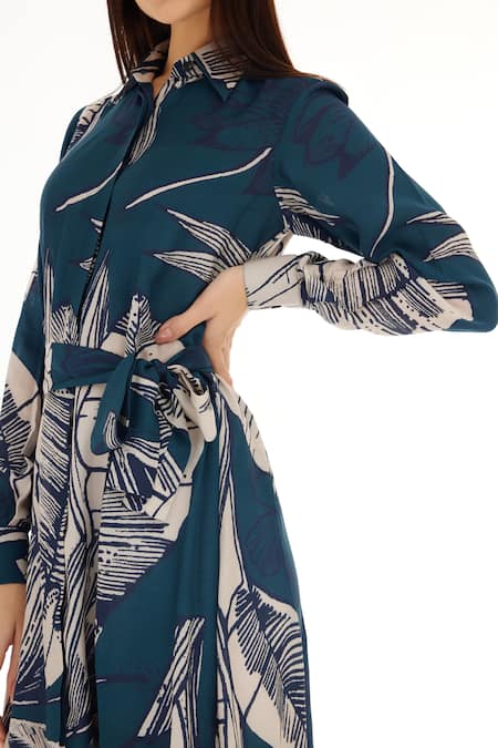 Shop_Koai_Blue Muslin, Cotton, Silk Shawl Neck Floral Pattern Shirt Dress _Online_at_Aza_Fashions