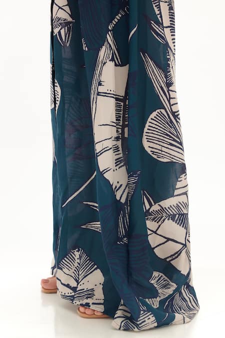 Koai_Blue Muslin, Cotton, Silk Shawl Neck Floral Pattern Shirt Dress _at_Aza_Fashions