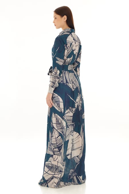 Buy_Koai_Blue Muslin, Cotton, Silk Shawl Neck Floral Pattern Shirt Dress 