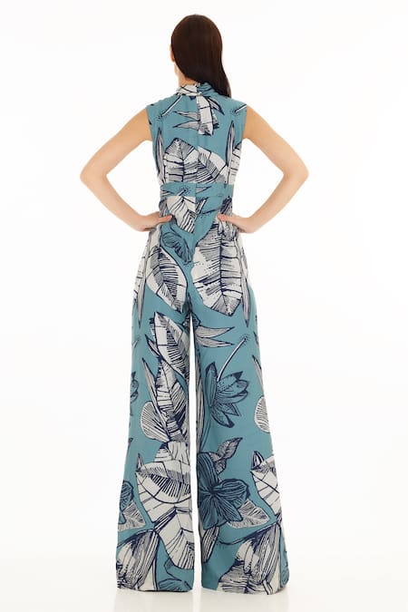 Shop Koai Blue Muslin, Cotton, Silk Bandeau Neck Botanic Pattern Jumpsuit at Aza Fashions Shop_Koai_Blue Muslin, Cotton, Silk Bandeau Neck Botanic Pattern Jumpsuit _at_Aza_Fashions
