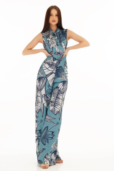 Koai Blue Muslin, Cotton, Silk Bandeau Neck Botanic Pattern Jumpsuit Online at Aza Fashions Koai_Blue Muslin, Cotton, Silk Bandeau Neck Botanic Pattern Jumpsuit _Online_at_Aza_Fashions