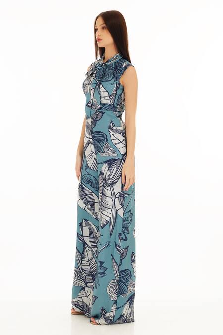 Buy Koai Blue Muslin, Cotton, Silk Bandeau Neck Botanic Pattern Jumpsuit Online at Aza Fashions Buy_Koai_Blue Muslin, Cotton, Silk Bandeau Neck Botanic Pattern Jumpsuit _Online_at_Aza_Fashions