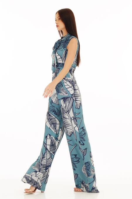 Shop Koai Blue Muslin, Cotton, Silk Bandeau Neck Botanic Pattern Jumpsuit Online at Aza Fashions Shop_Koai_Blue Muslin, Cotton, Silk Bandeau Neck Botanic Pattern Jumpsuit _Online_at_Aza_Fashions