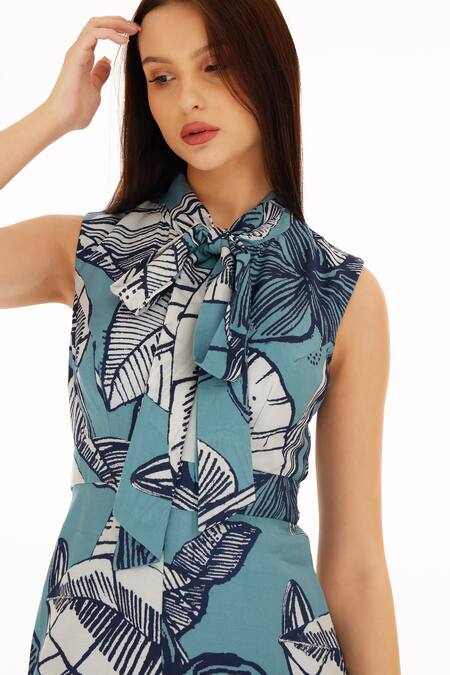 Koai Blue Muslin, Cotton, Silk Bandeau Neck Botanic Pattern Jumpsuit at Aza Fashions Koai_Blue Muslin, Cotton, Silk Bandeau Neck Botanic Pattern Jumpsuit _at_Aza_Fashions