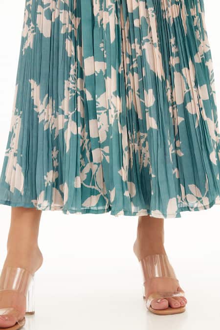 Buy_Koai_Blue Muslin, Cotton, Silk Embroidery Botanic Pattern Textured Skirt _Online_at_Aza_Fashions