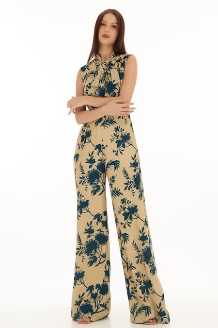 Koai_Cream Muslin, Cotton, Silk Embroidery Bandeau Floral Branch Pattern Jumpsuit _Online_at_Aza_Fashions